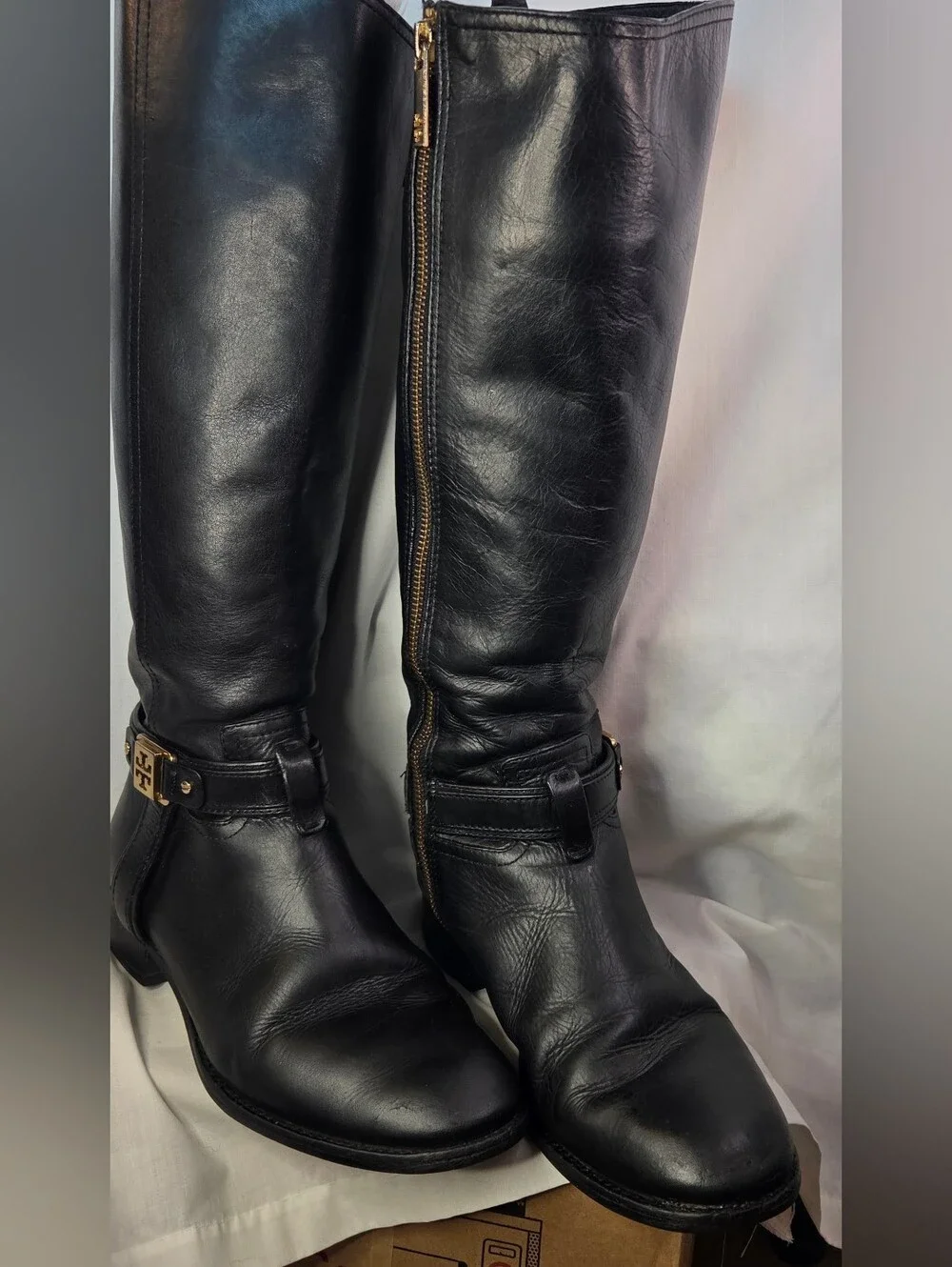 Tory Burch Alessandra Black Leather Tall Riding Boot Gold Hardware Sz 8M Classic